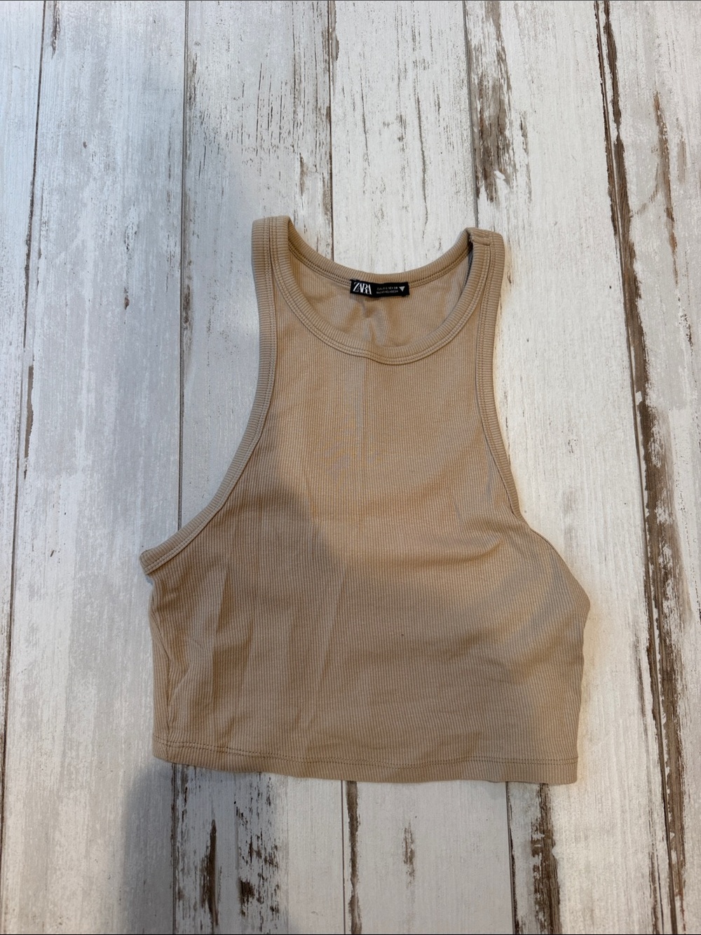 Zara Neutral Ribbed Crop Tank Top in Tan